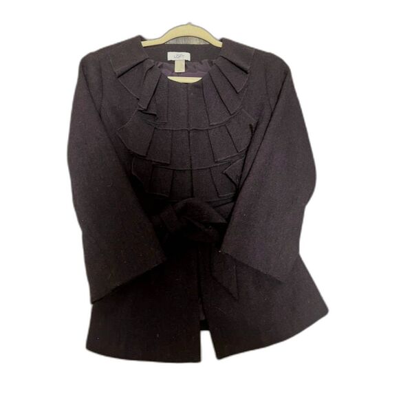 Loft Jacket 6 Brown Belted Wool Blend Ruffle Neckline Classic Feminine Blazer - Picture 3 of 8